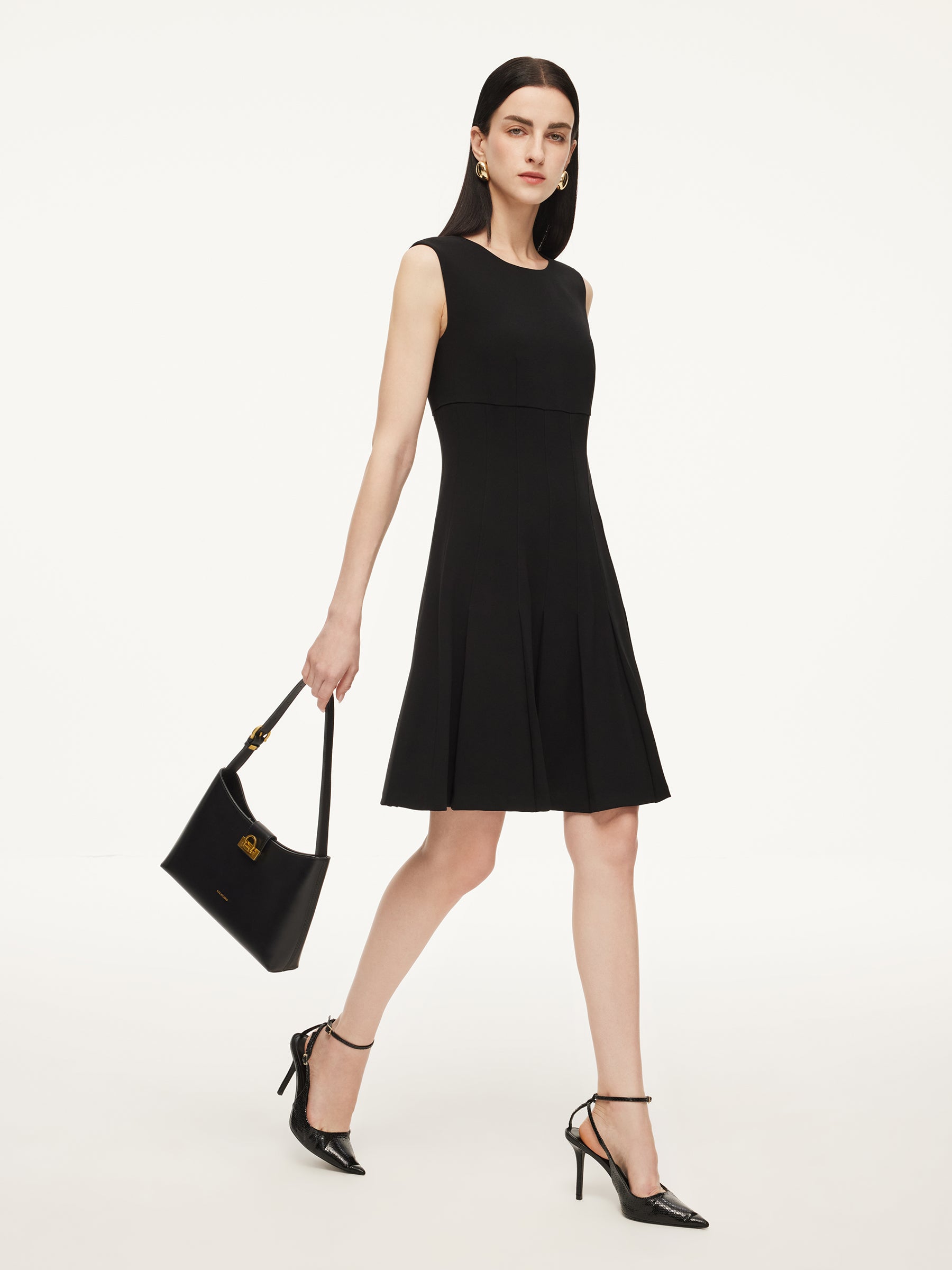 Triacetate Blend Gathered Waist Women Sleeveless Mini Dress GOELIA