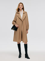 Worsted Wool Lantern Sleeve Women Trench Coat With Leather Belt GOELIA