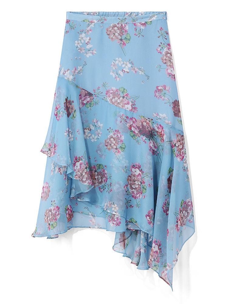 Floral Print Asymmetrical Ruffle Skirt GOELIA