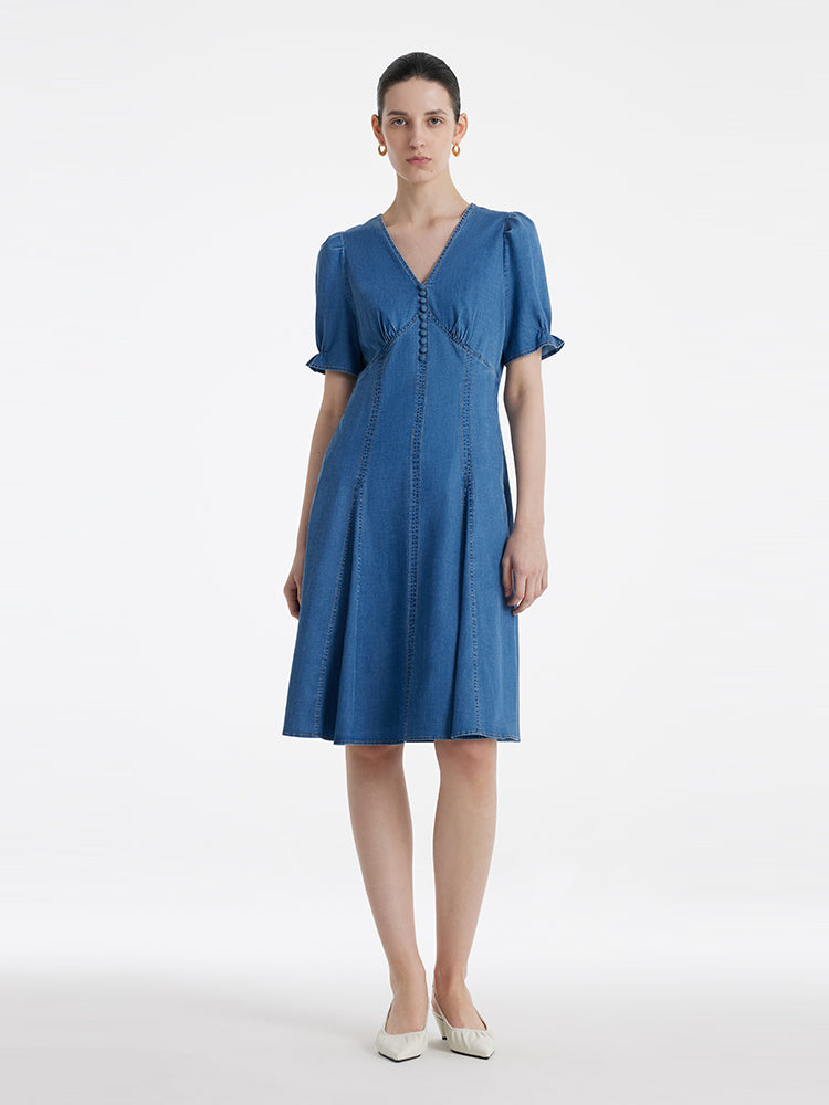 Denim V-Neck Gathered Waist Women Midi Dress GOELIA