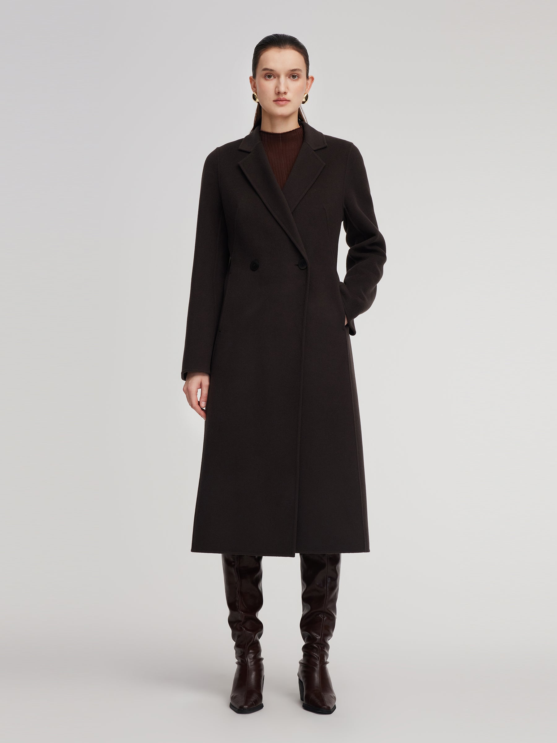[Preview] Cashmere Wool Blend Gathered Waist Women Overcoat GOELIA