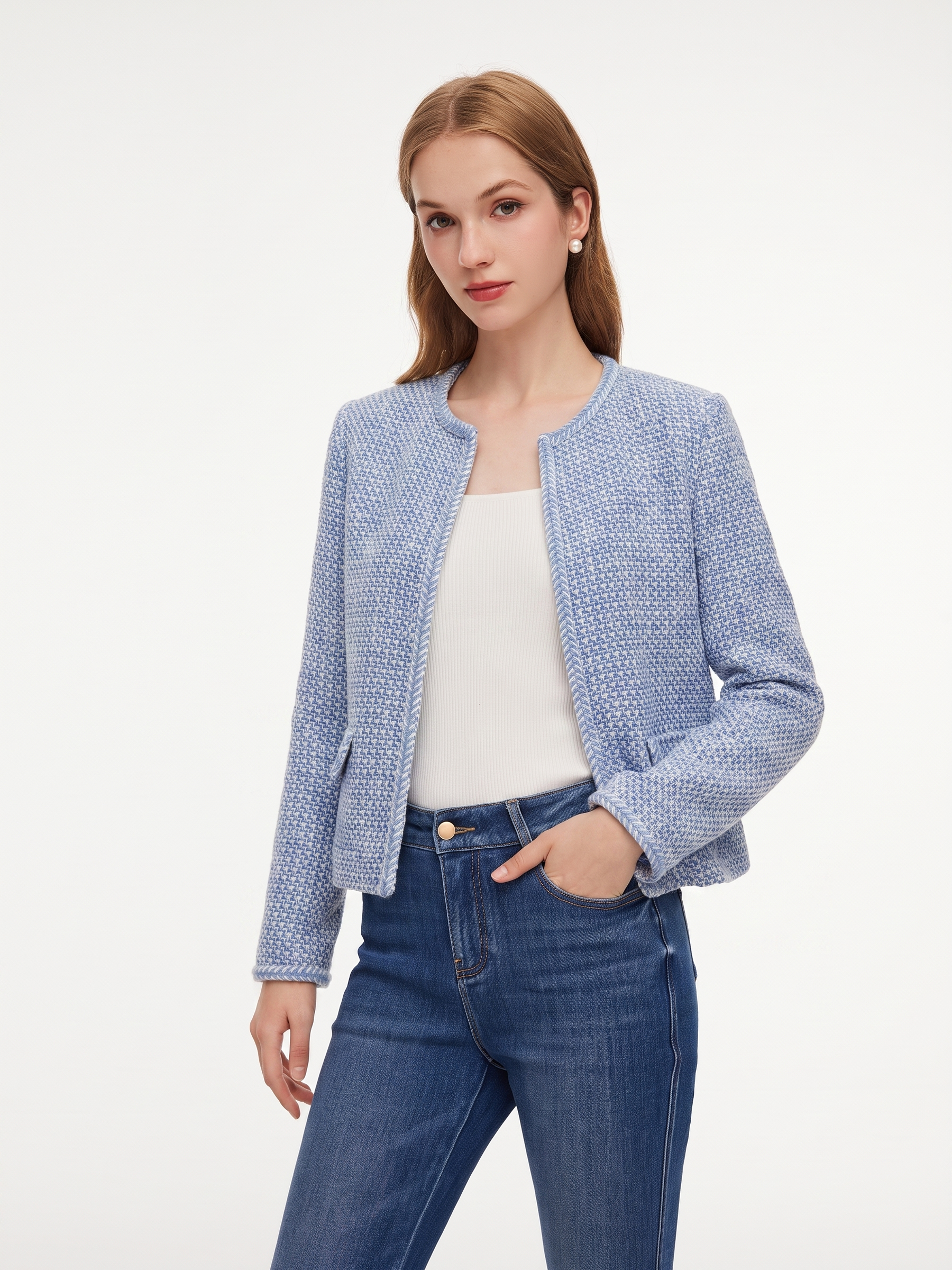 Cotton Wool Blend Women Tweed Cropped Jacket GOELIA