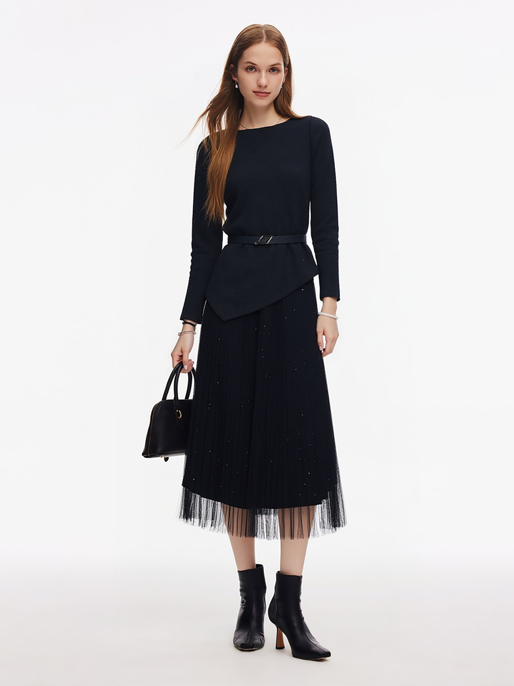 [Preview] Asymmetrical Hem Top And Mesh Skirt Two-Piece Set With Belt GOELIA