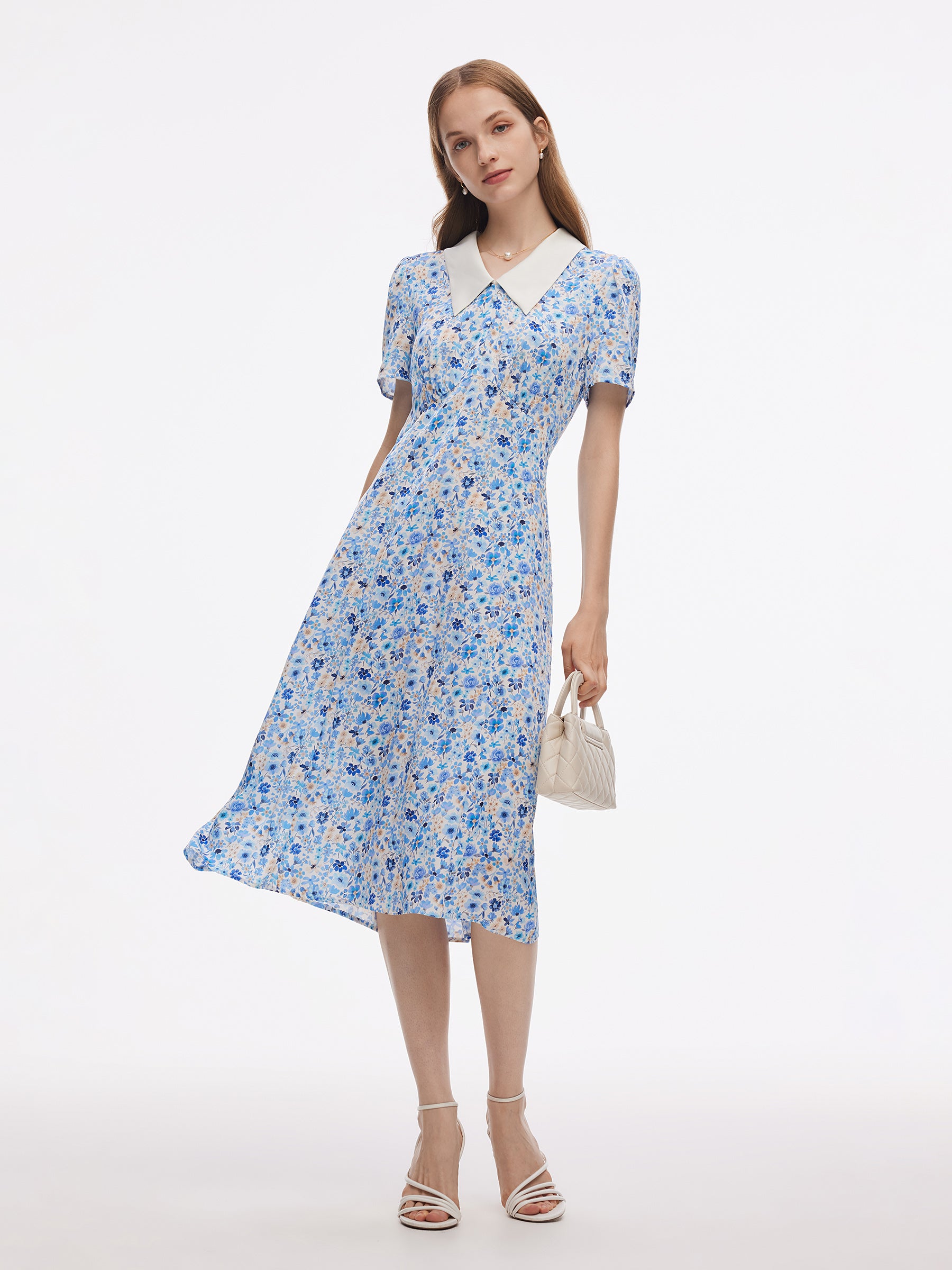 19MM Mulberry Silk Floral Print Women Midi Dress GOELIA