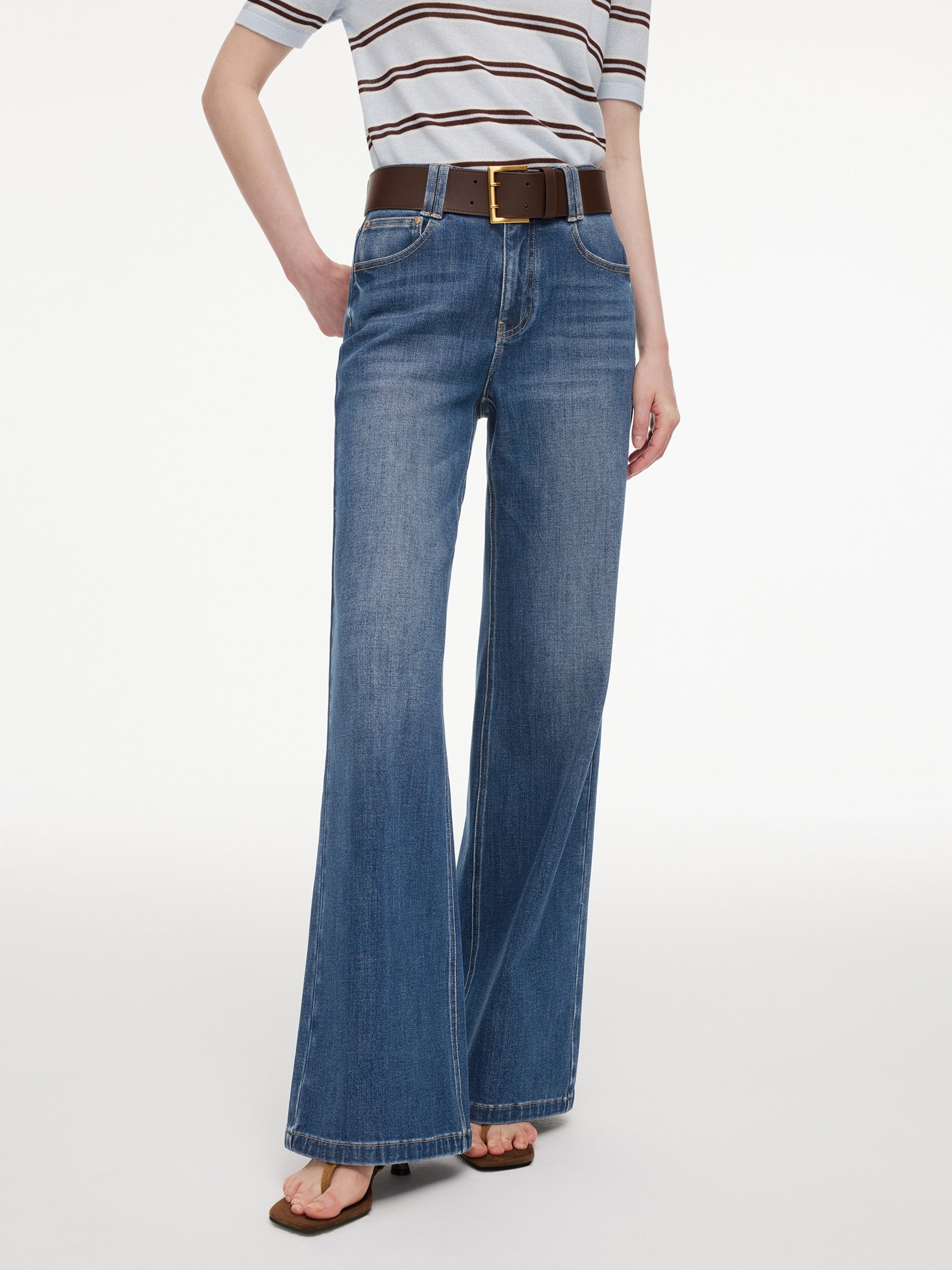 Lyocell Blend Flared Palazzo Jeans with Belt