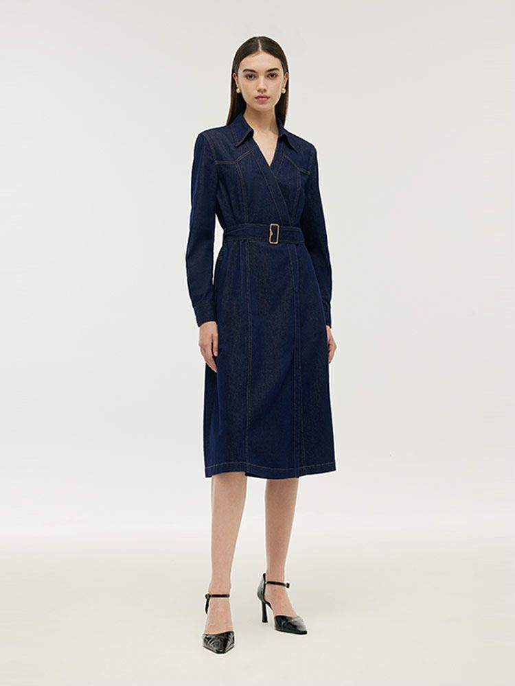 Denim Lapel Women Midi Dress With Belt GOELIA