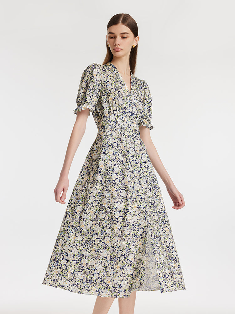 Floral Printed V-Neck Puff Sleeves Women Midi Dress – GOELIA