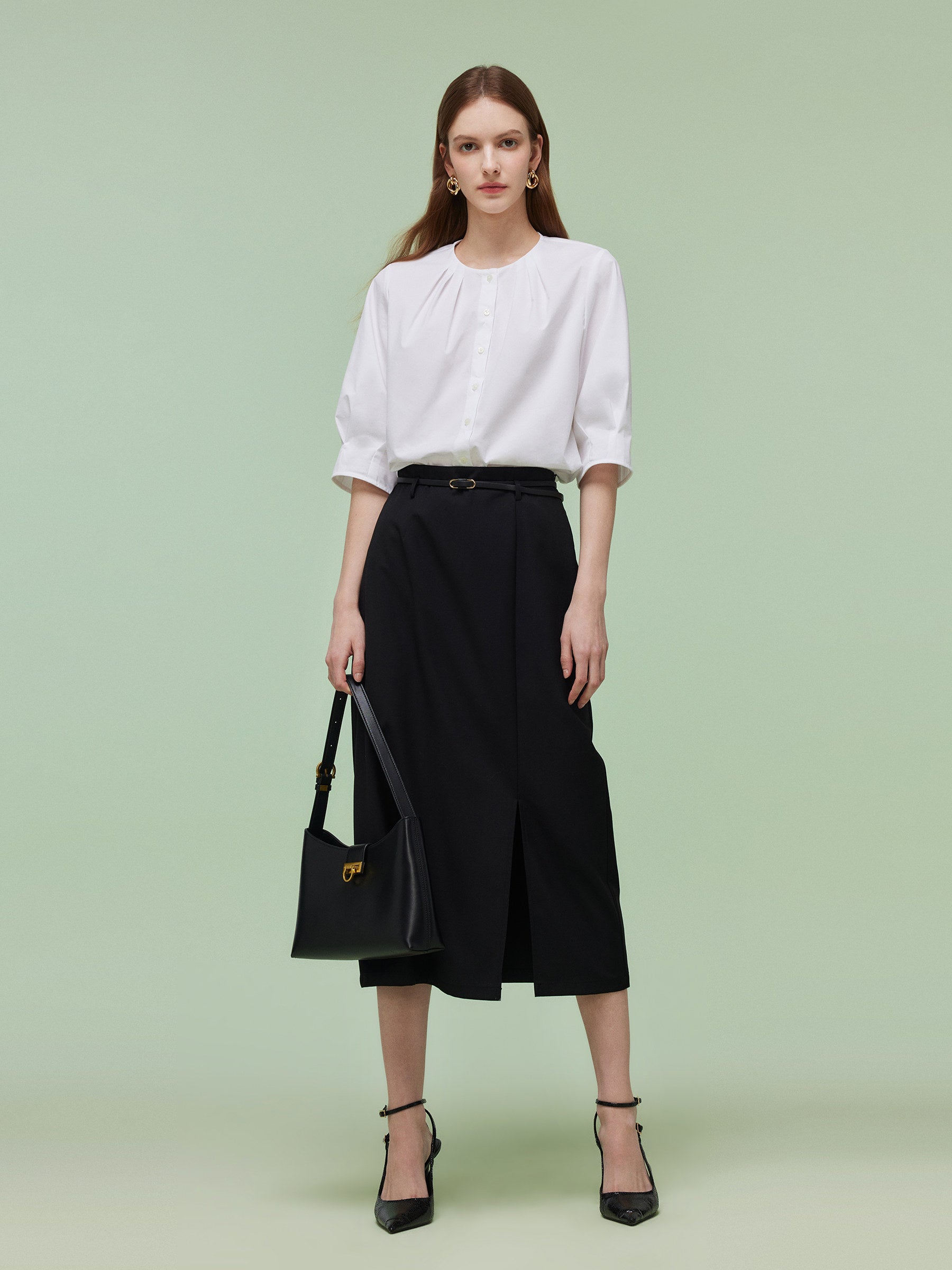 3/4 Sleeve Shirt And Front Slit Skirt Two-Piece Set With Leather Belt GOELIA
