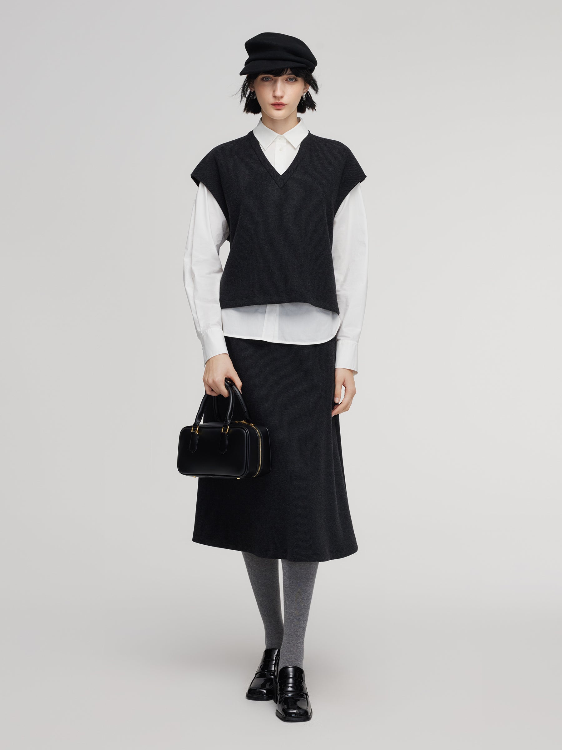 Shirt And Knit Sweater Vest And Skirt Three-Piece Set GOELIA