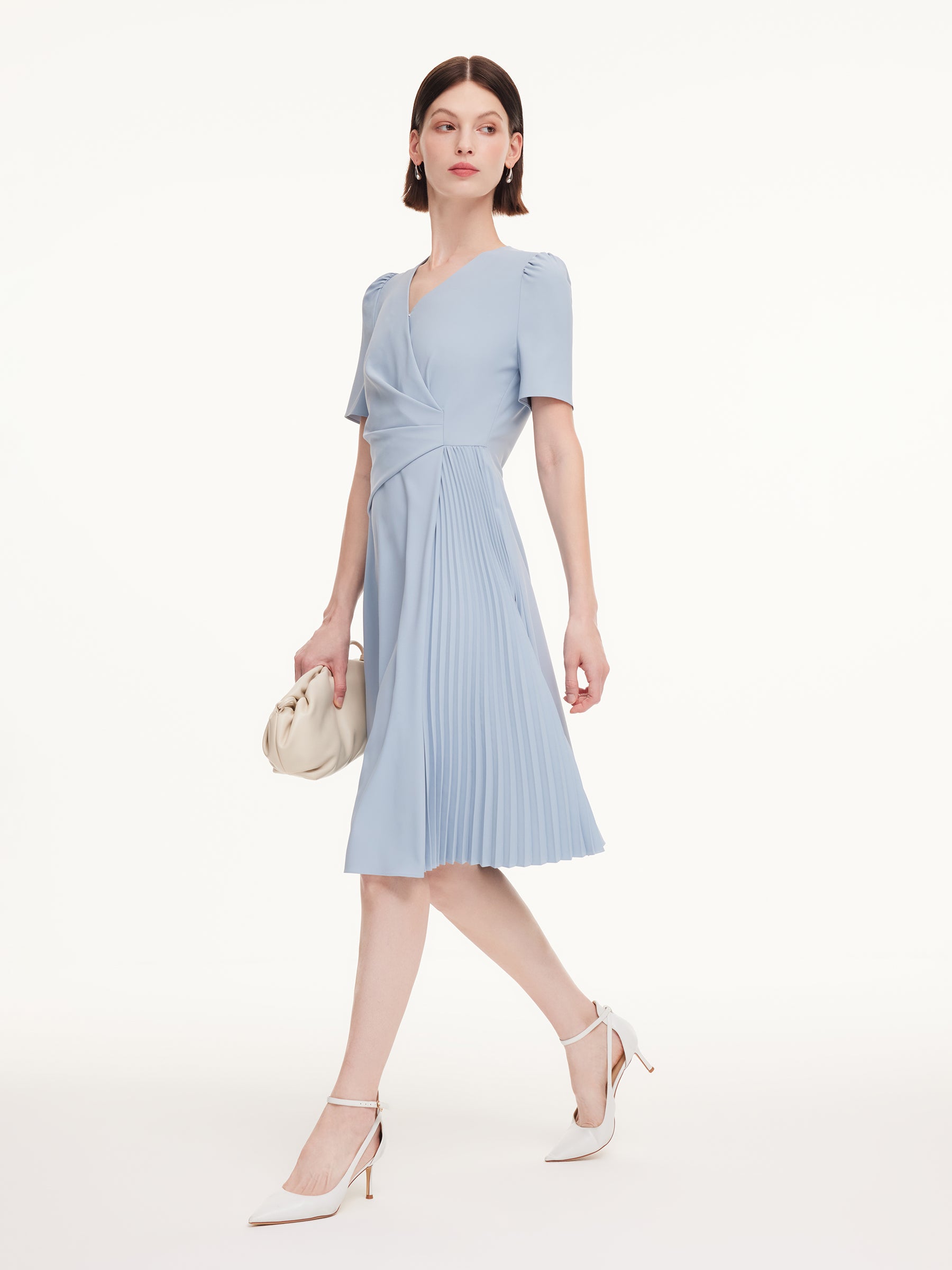 V-Neck Asymmetric Pleated Women Midi Dress GOELIA