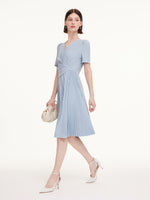V-Neck Asymmetric Pleated Women Midi Dress GOELIA