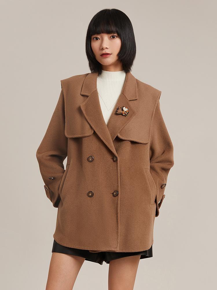Tencel Woolen Double-Faced Coat With Detachable Shawl And Brooch GOELIA