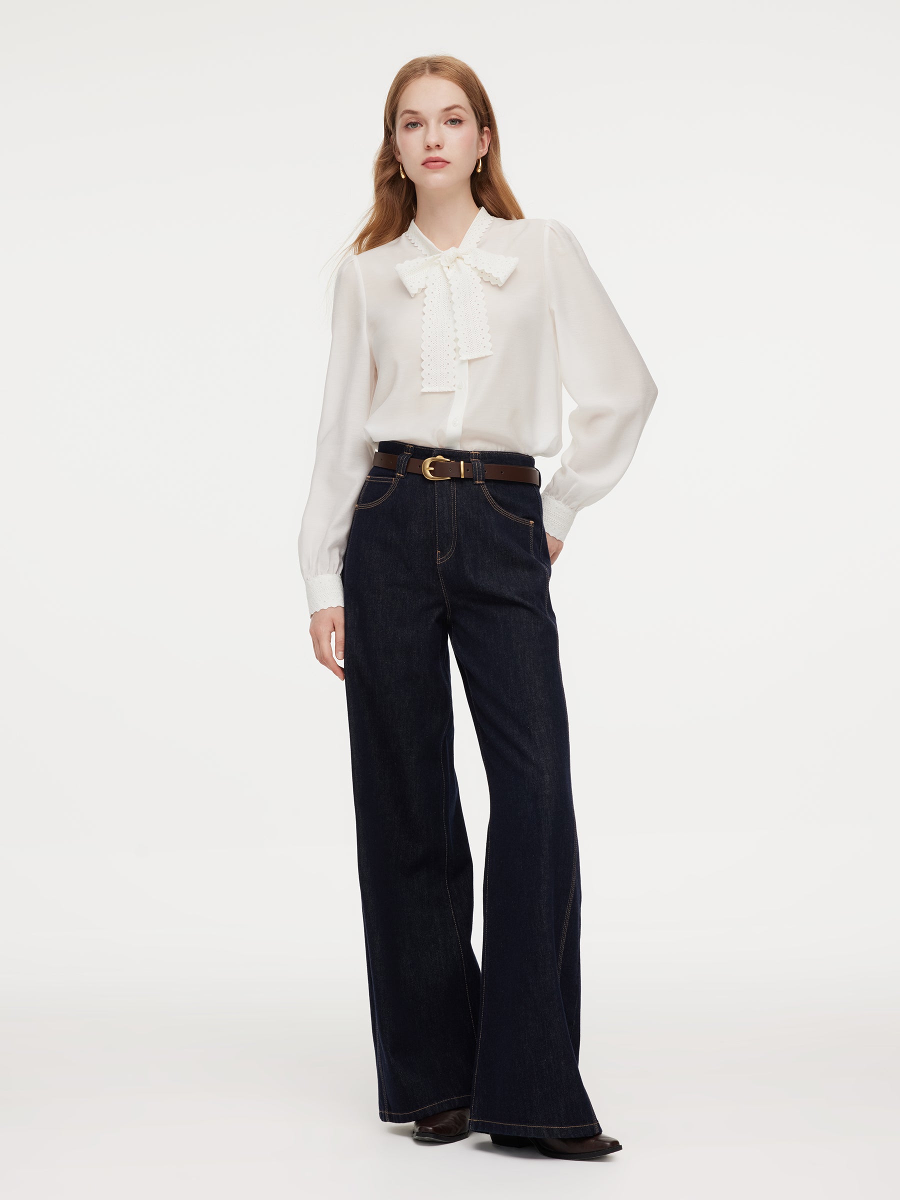 [Preview] Acetate Blend Lace Bow Tie Women Shirt GOELIA