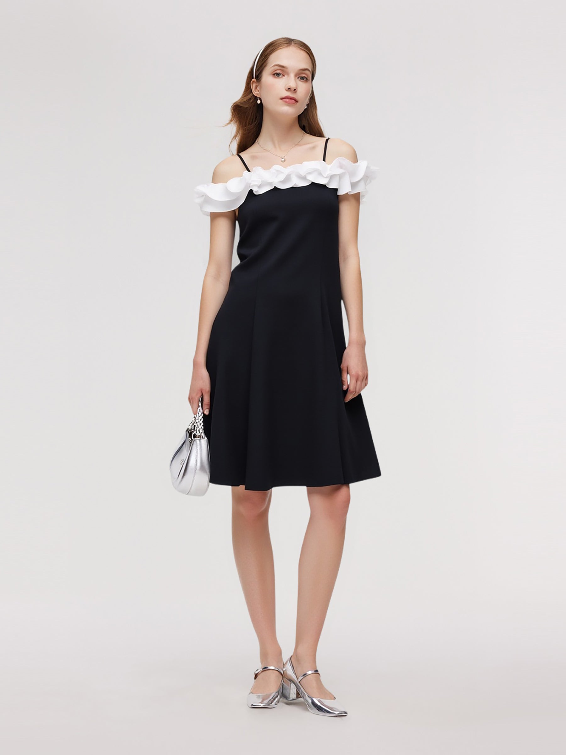 Color Block Ruffle Women Knit Mini Dress With Detachable Straps GOELIA