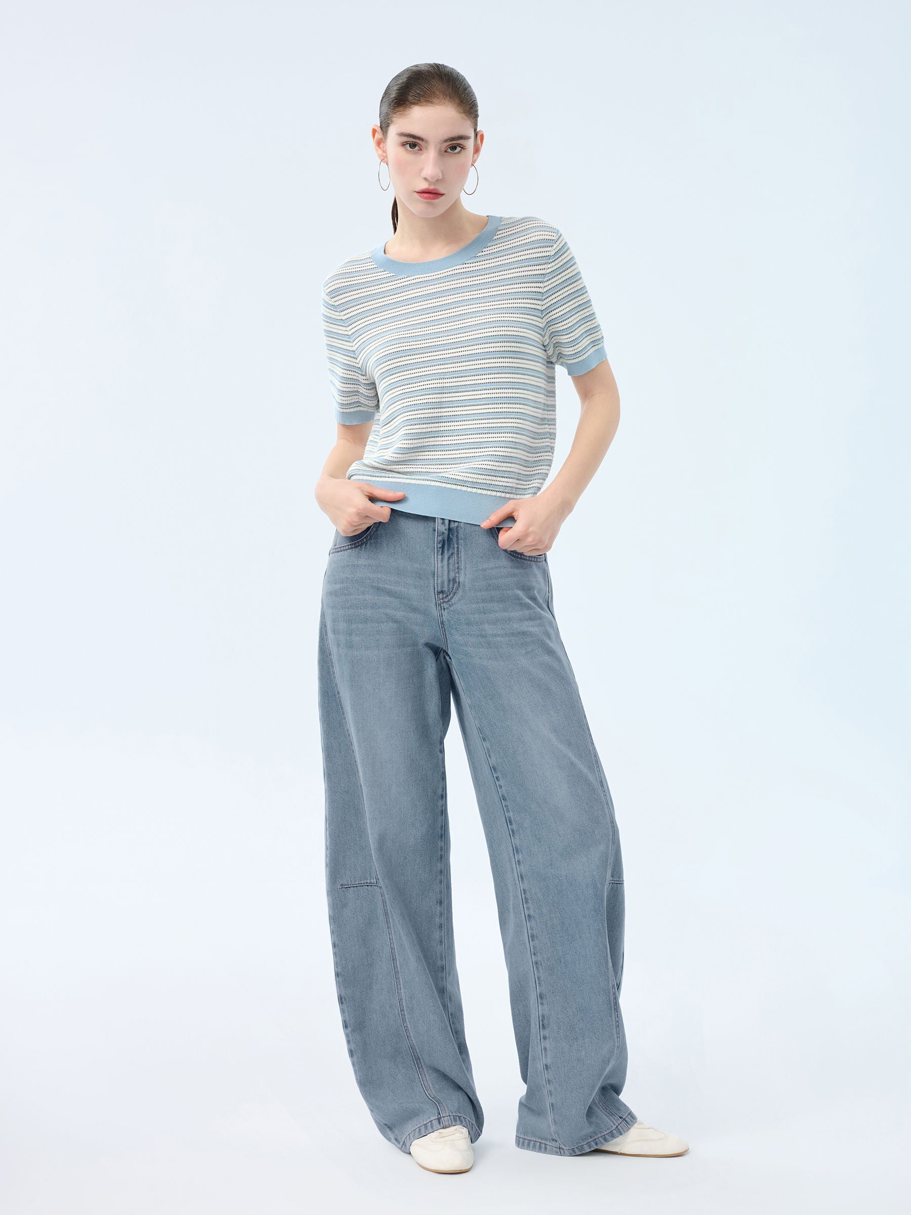 Lyocell Blend Blue And White Stripe Women Knit Top GOELIA