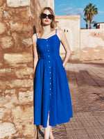 100% Cotton Gathered Waist Women Strap Maxi Dress GOELIA