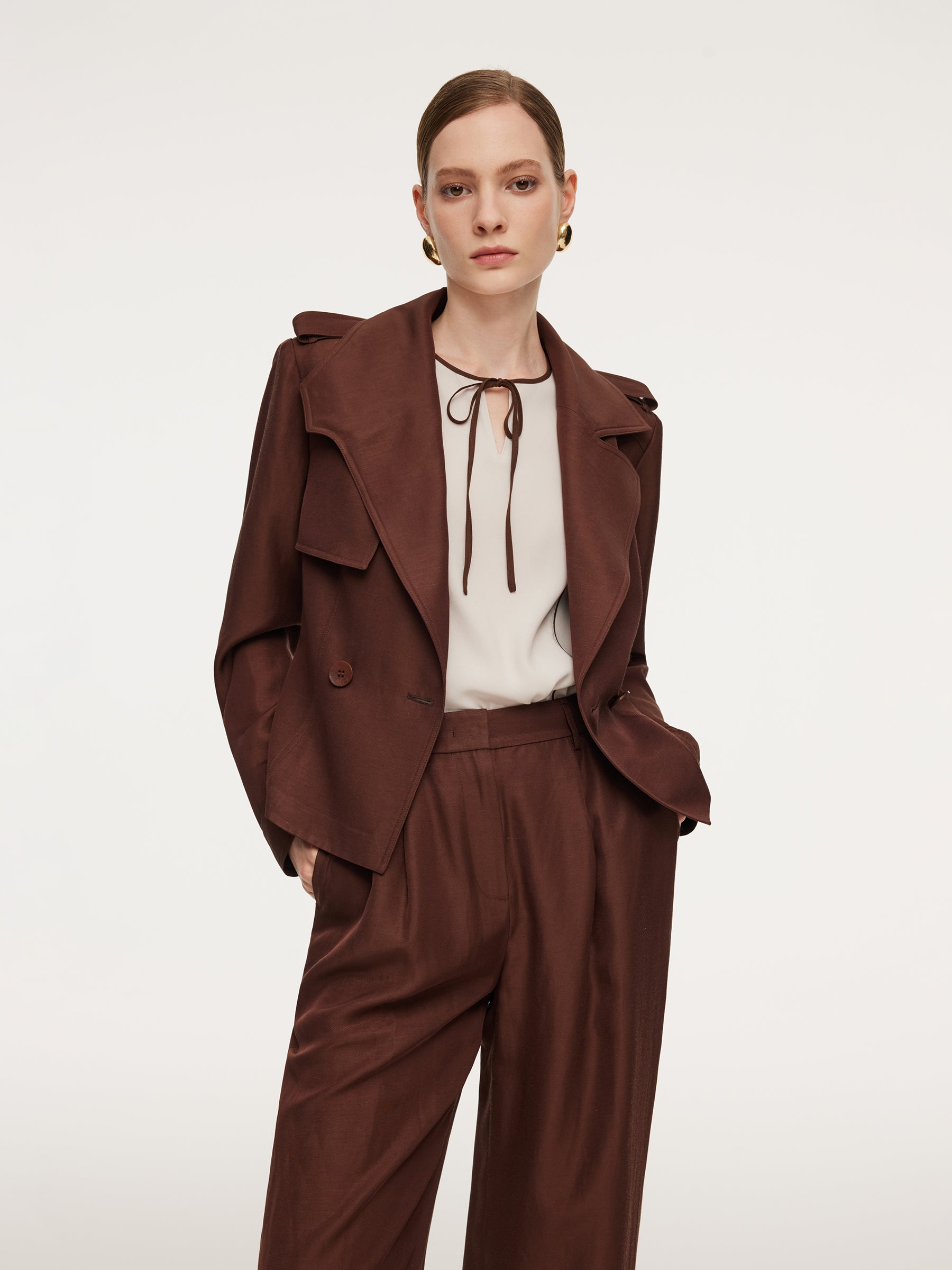 [Preview] Tencel Acetate Linen Blend Women Trench Jacket With Belt GOELIA