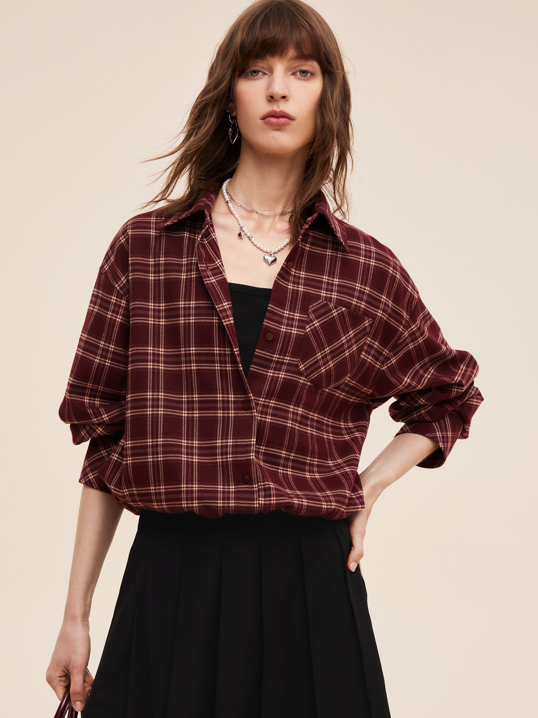Mock Layered Plaid Women Long Sleeve Shirt GOELIA