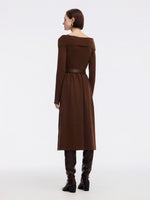 Tencel Wool Blend Boat Neck Women Knit Maxi Dress With Leather Belt GOELIA