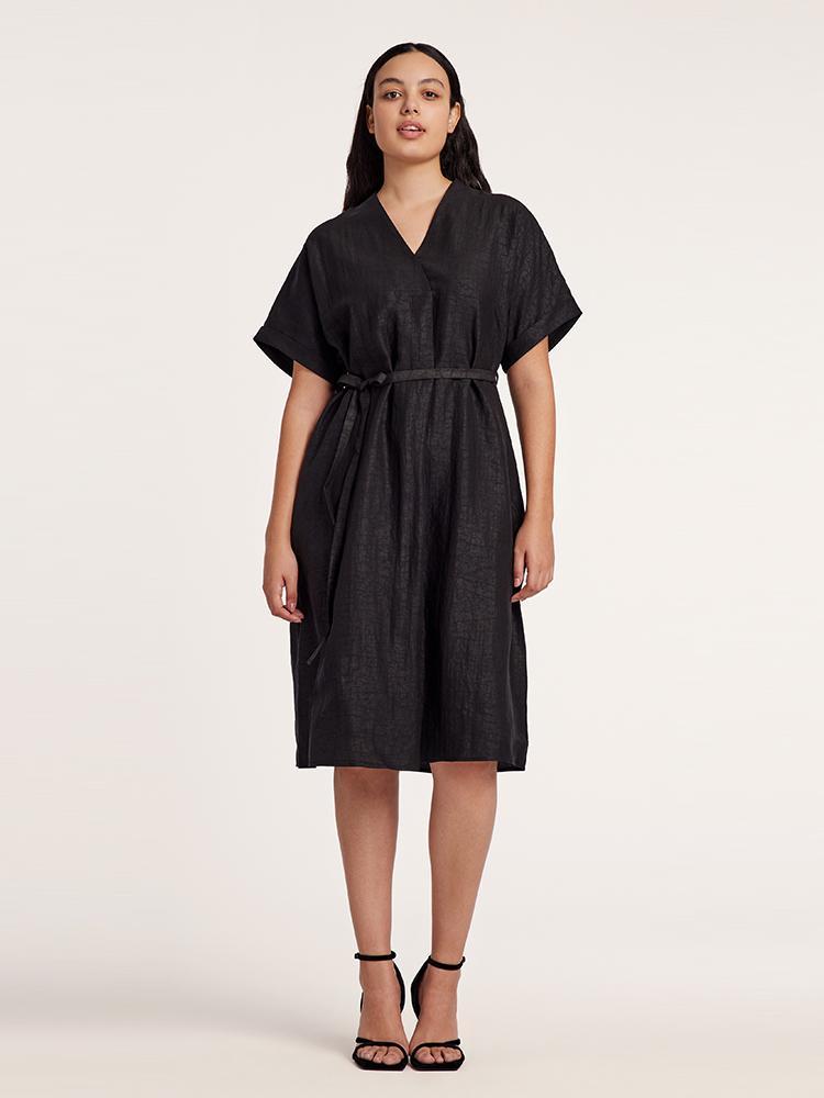 Xiang Yun Silk Black V-Neck Midi Dress GOELIA