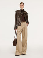Cotton Denim Straight Wide Leg Women Folded Jeans With Belt GOELIA