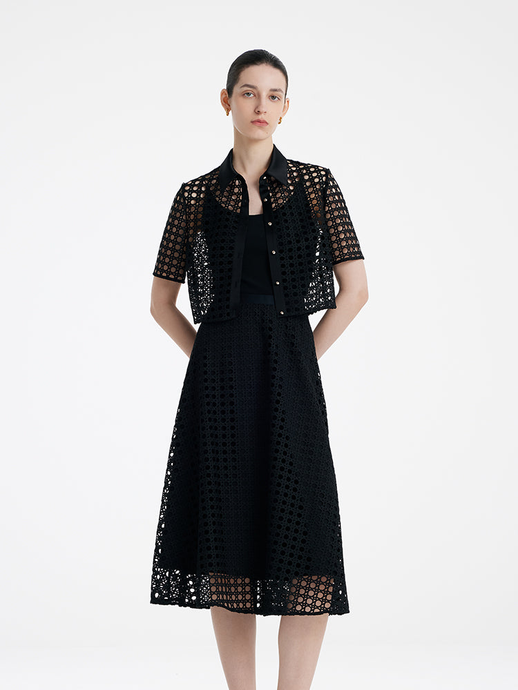 Lace Openwork Crop Jacket And Half Skirt And Knitted Camisole Three-Piece Set GOELIA