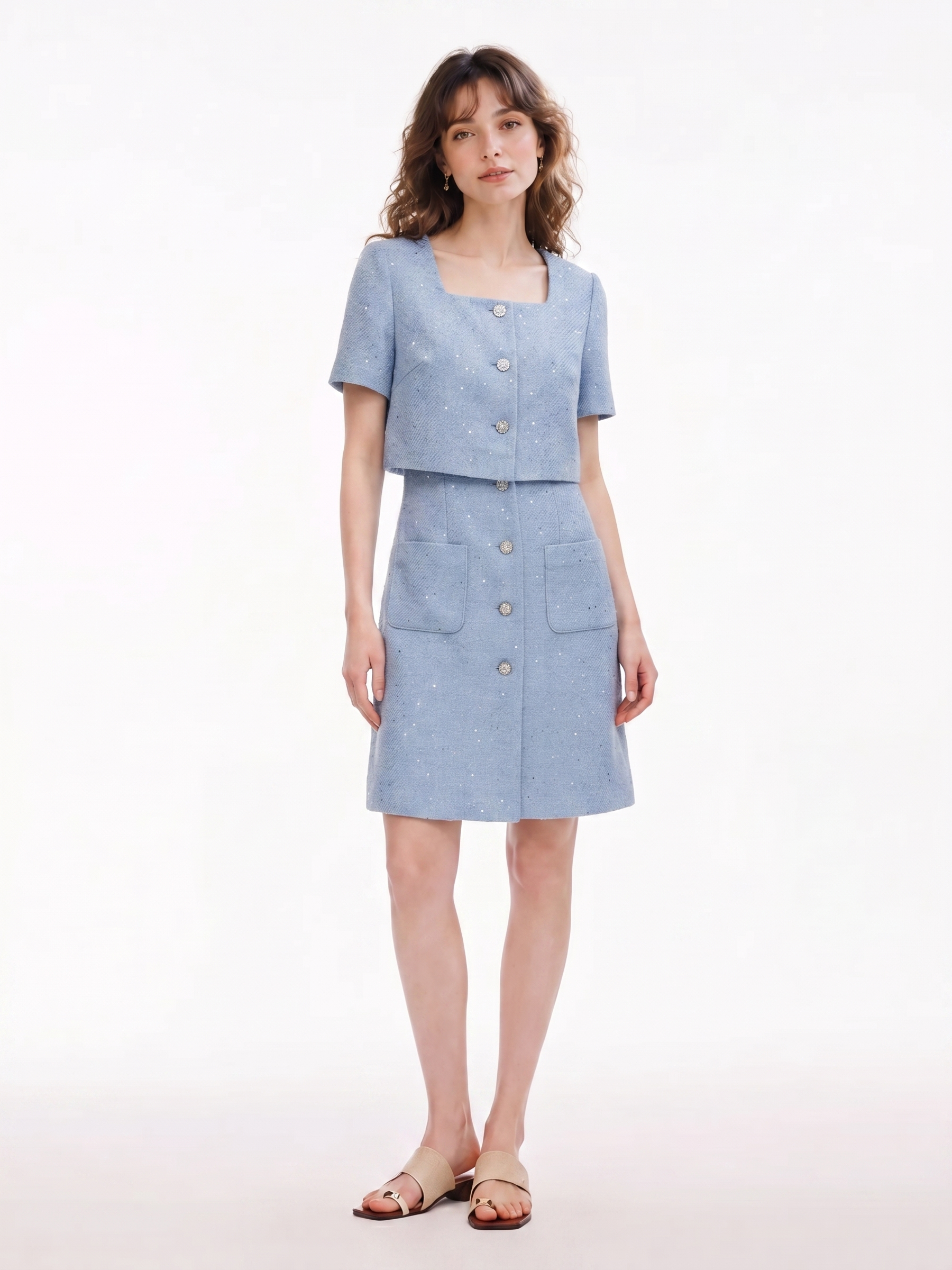 Acetate Blend Tweed Sequins Square Neck Women Mini Dress GOELIA