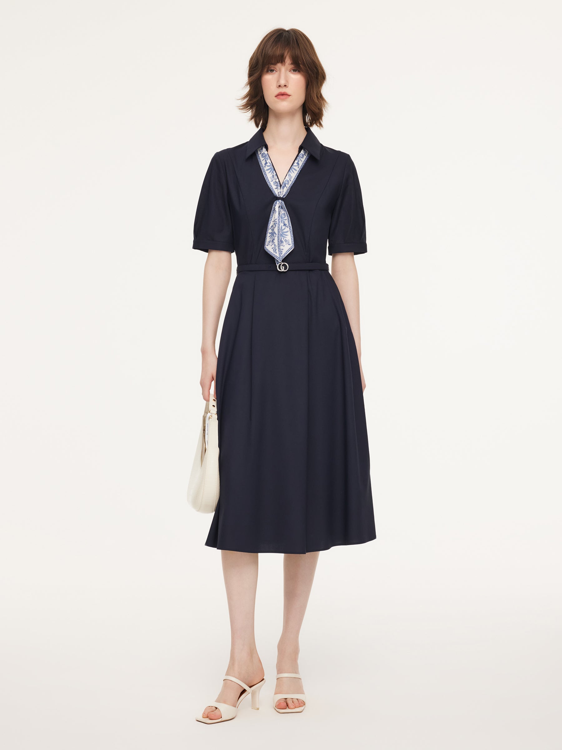 Linen Blend V-Neck Women Midi Dress With Silk Scarf And Belt GOELIA