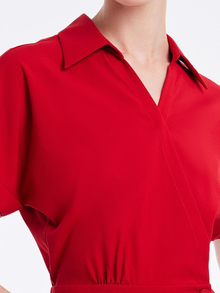 Shirt-style V-neck Gathered Waist Midi Dress GOELIA