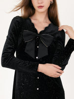 V-Neck Detachable Bowknot Velvet Midi Dress GOELIA