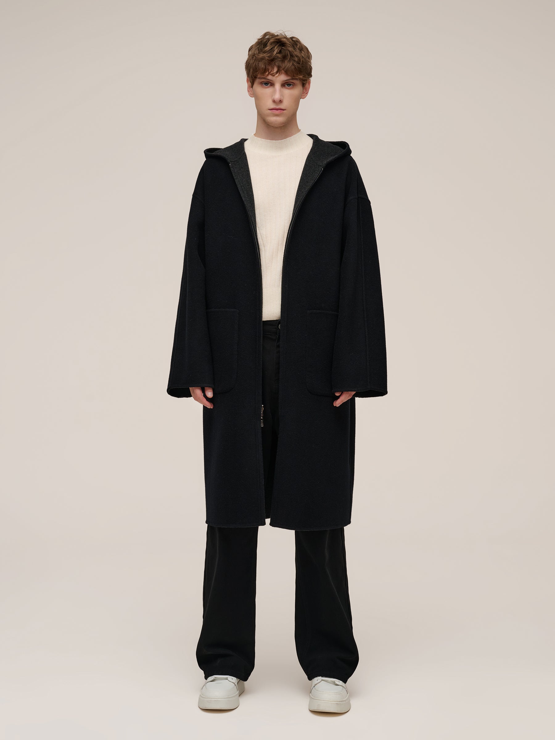 100% Wool Zip-Up Hooded Reversible Unisex Overcoat GOELIA