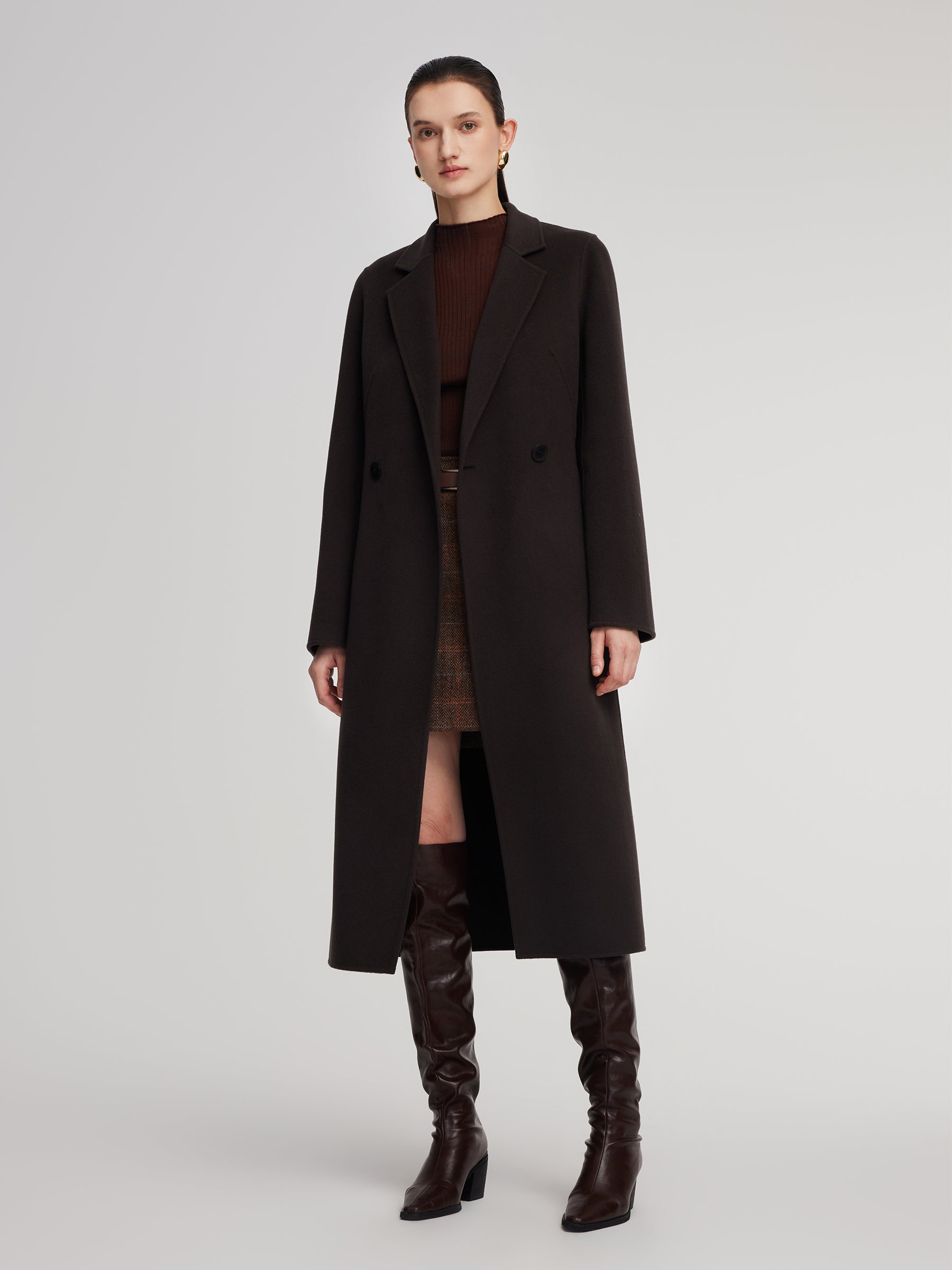 Cashmere Wool Blend Gathered Waist Women Overcoat GOELIA