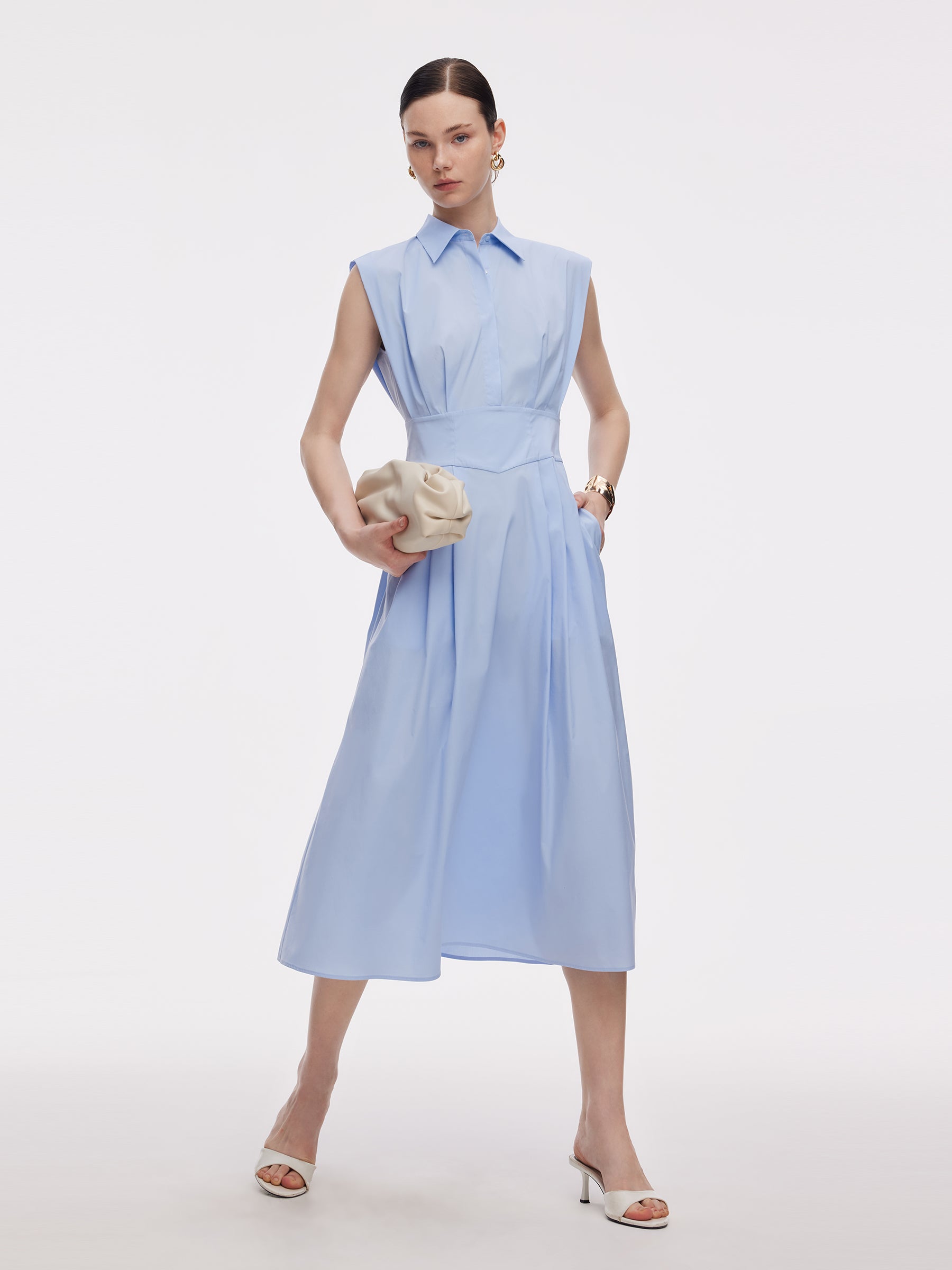 Gathered Waist Women Sleeveless Shirt Maxi Dress GOELIA