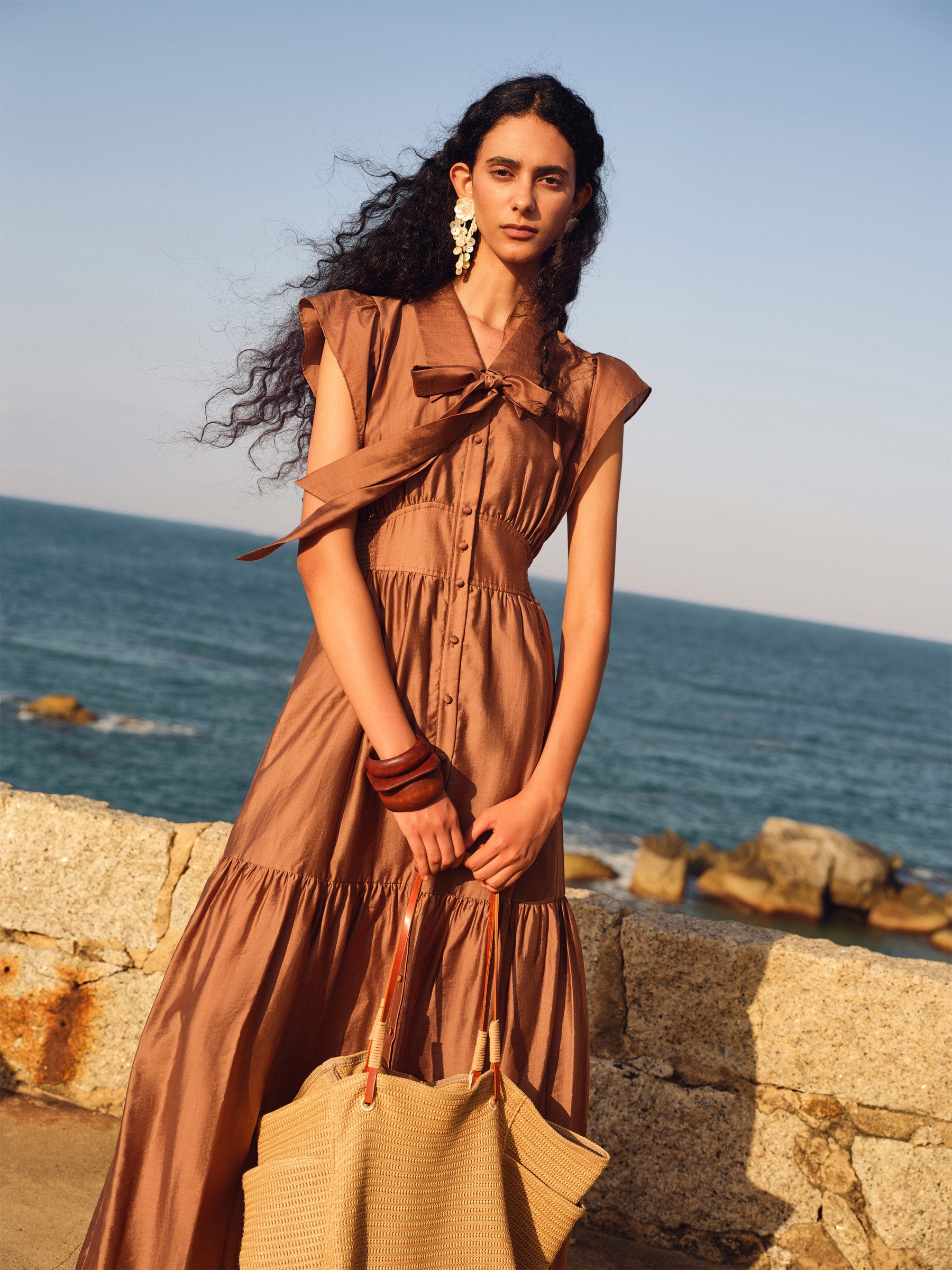 Tencel Blend Women Ruffle Cap Sleeve Maxi Dress With Sash GOELIA