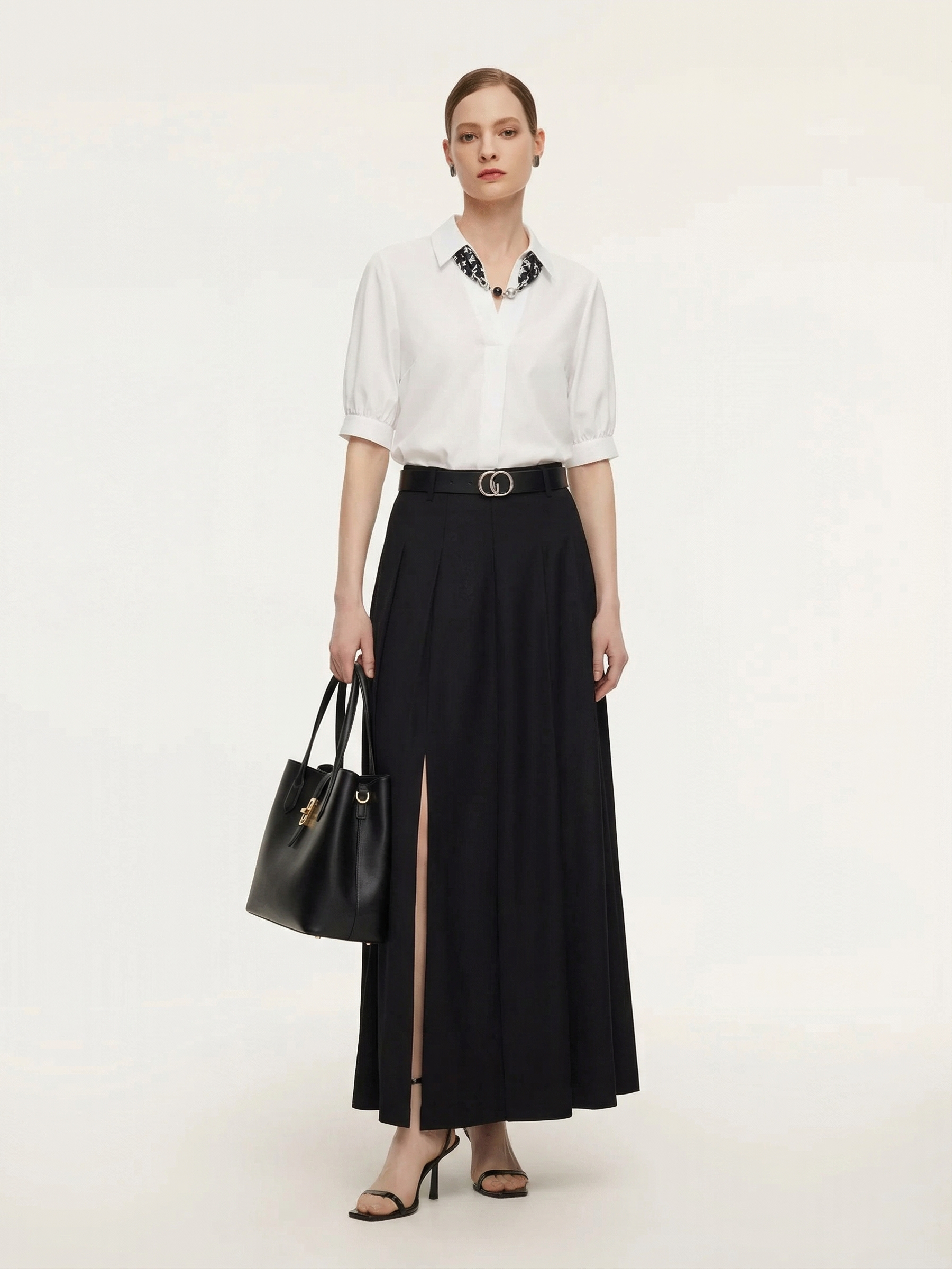 100% Wool Side Slit Women Pleated Skirt With Belt GOELIA