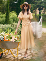 Puff Sleeves Wrapped Top And Skirt With Bottomed Camisole Three-Piece Set GOELIA