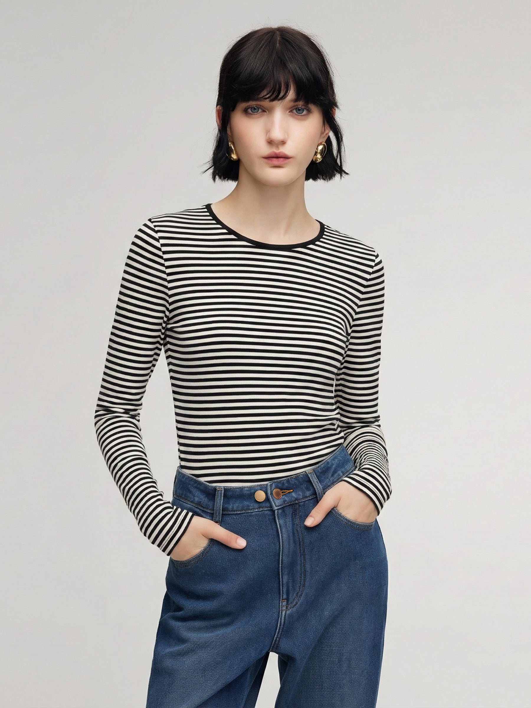100% Washable Wool Stripe Women Knit Top GOELIA