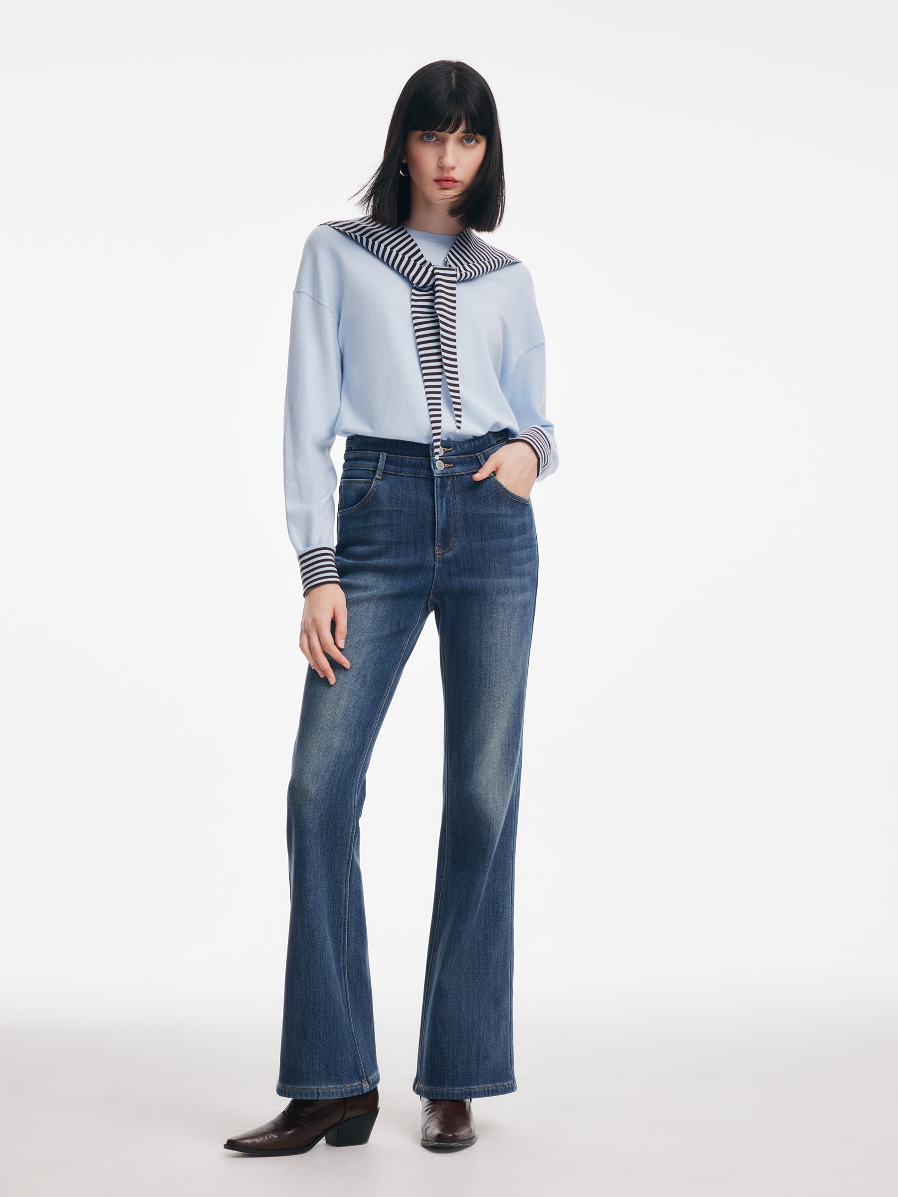 Denim Fleece-Lined Women High-Waisted Flared Jeans GOELIA