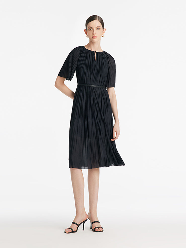 Pleated Round Neck Women Midi Dress With Leather Belt GOELIA