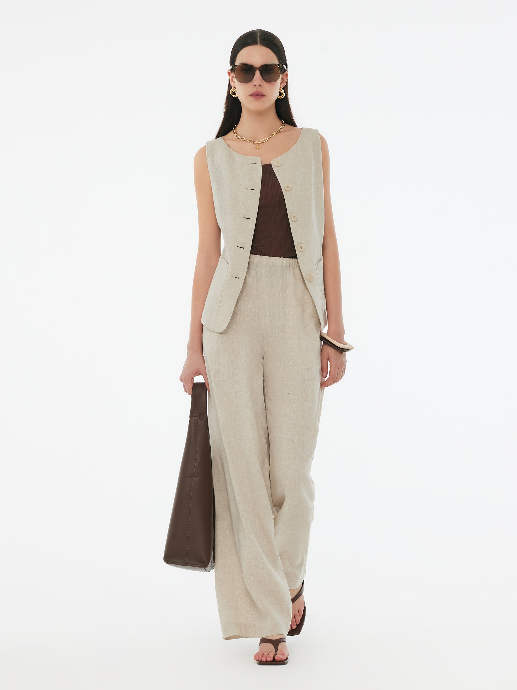 100% Linen Vest And Pants Two-Piece Set GOELIA
