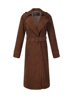 Faux Suede Straight Fit Women Belted Trench Coat GOELIA