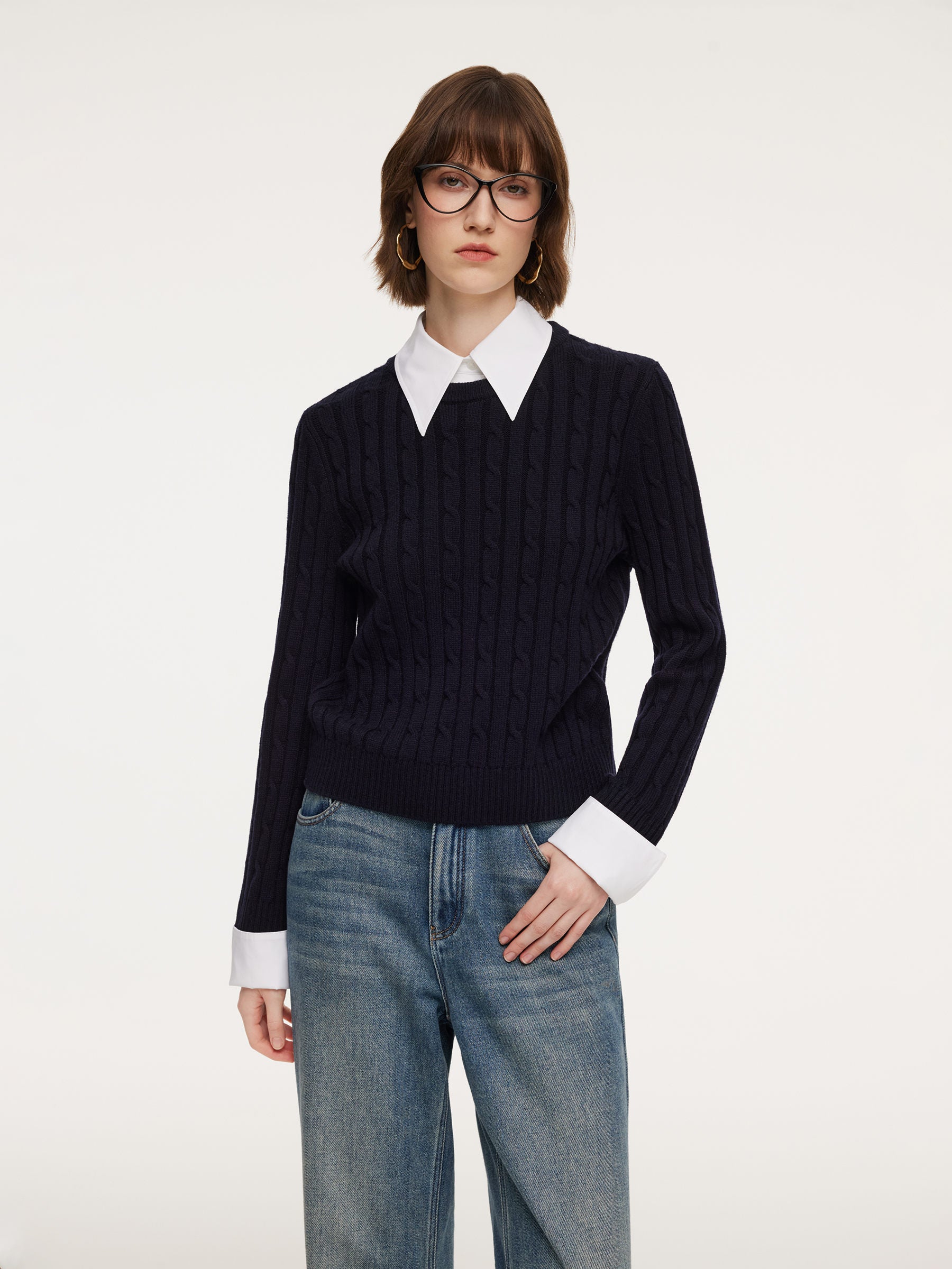 [Preview] Wool Blend Cable Knit Women Knit Top With Detachable Collar And Cuffs GOELIA