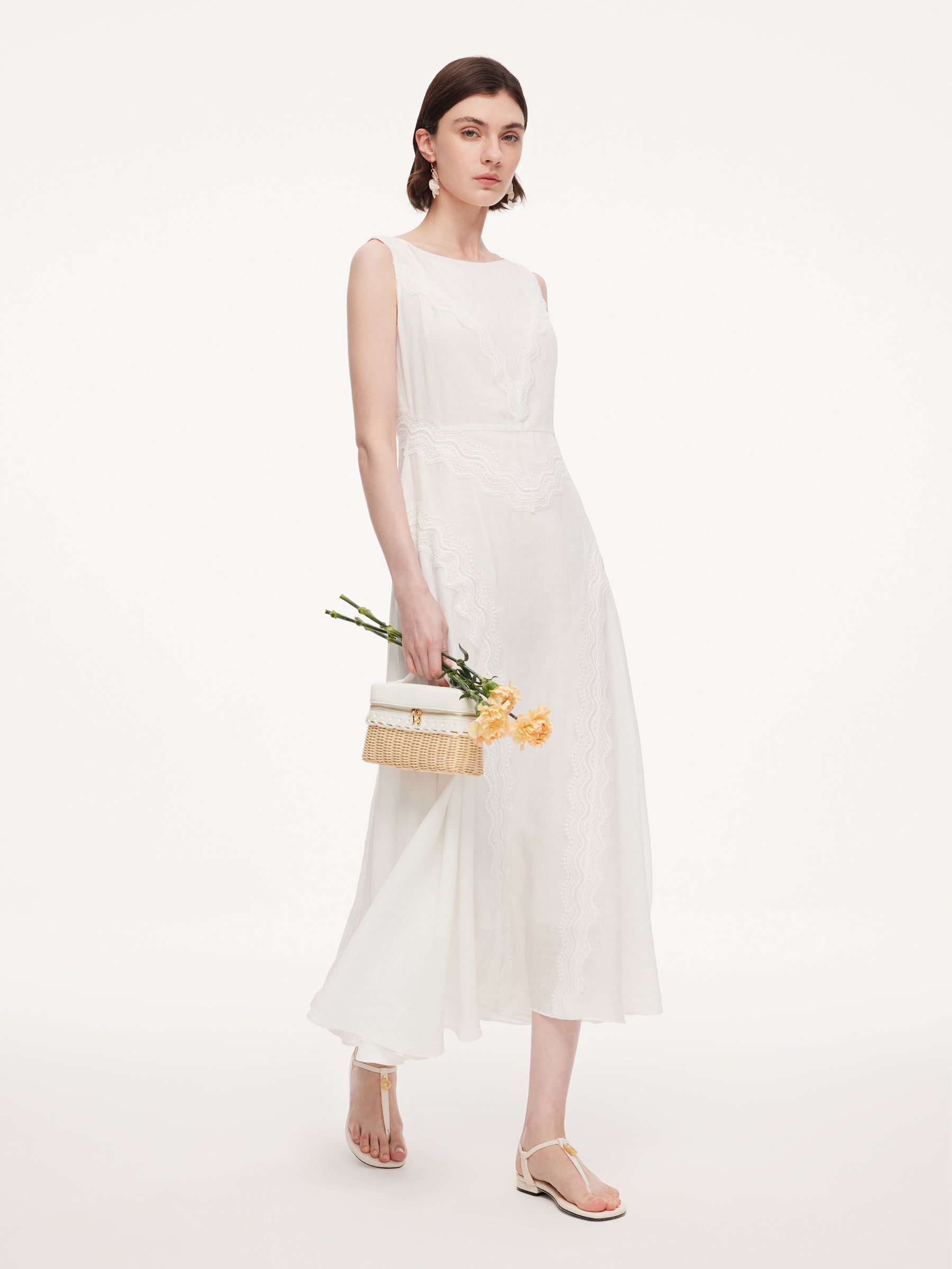 100% Ramie Lace A-Line Women Sleeveless Maxi Dress GOELIA