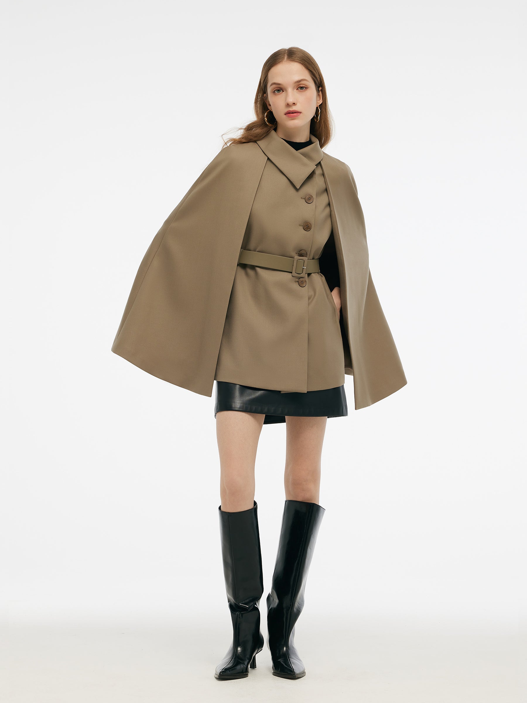 100% Worsted Wool Cape And Vest Two-Piece Set With Belt GOELIA