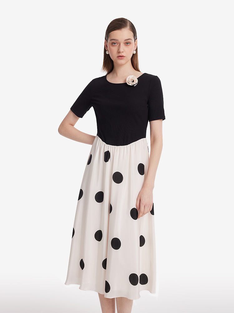 16 Momme Mulberry Silk Polka Dots Printed Patchwork Women Midi Dress With Scrunchie And 3D Rose Clip GOELIA