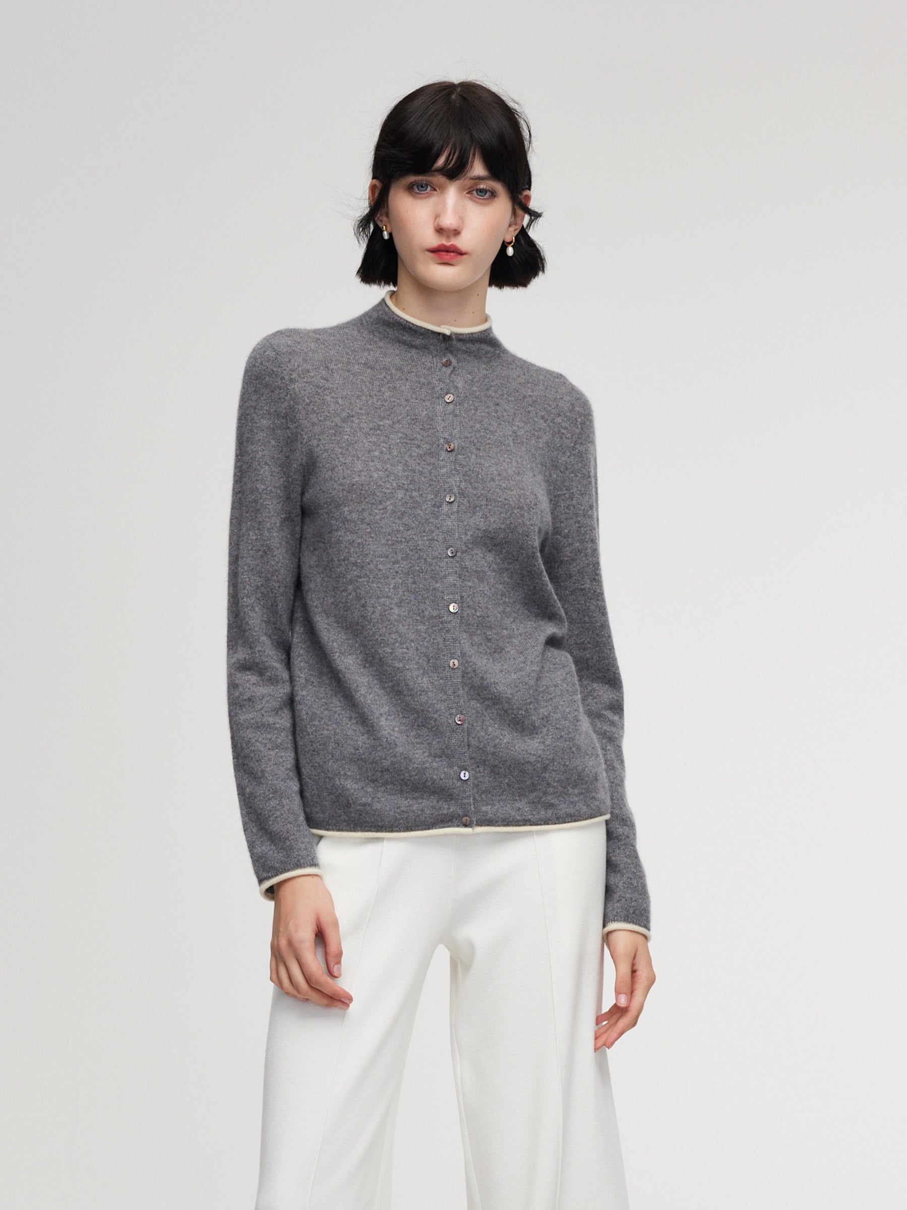 [Preview] 100% Cashmere Contrast Trim Women Cardigan GOELIA