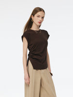 Stretch Asymmetric Hem Women Drawstring Cap Sleeve Knit Top GOELIA