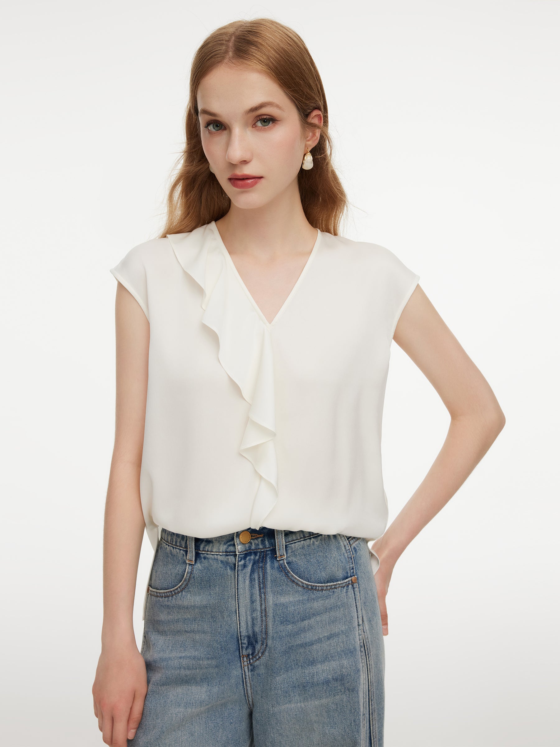 22MM Mulberry Silk Asymmetrical Ruffle Women Blouse GOELIA