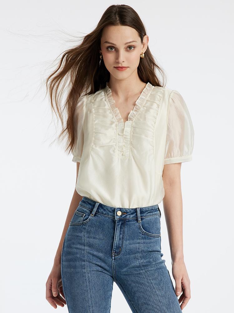 Ivory White V-Neck Women Blouse GOELIA