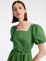 Green Square Neck Puff Sleeve A-Line Mini Dress GOELIA